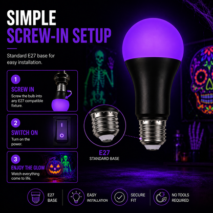 A black screw-in LED light bulb with a glowing purple bulb and silver E27 base, shown on a dark Halloween-themed background with installation steps and feature icons.