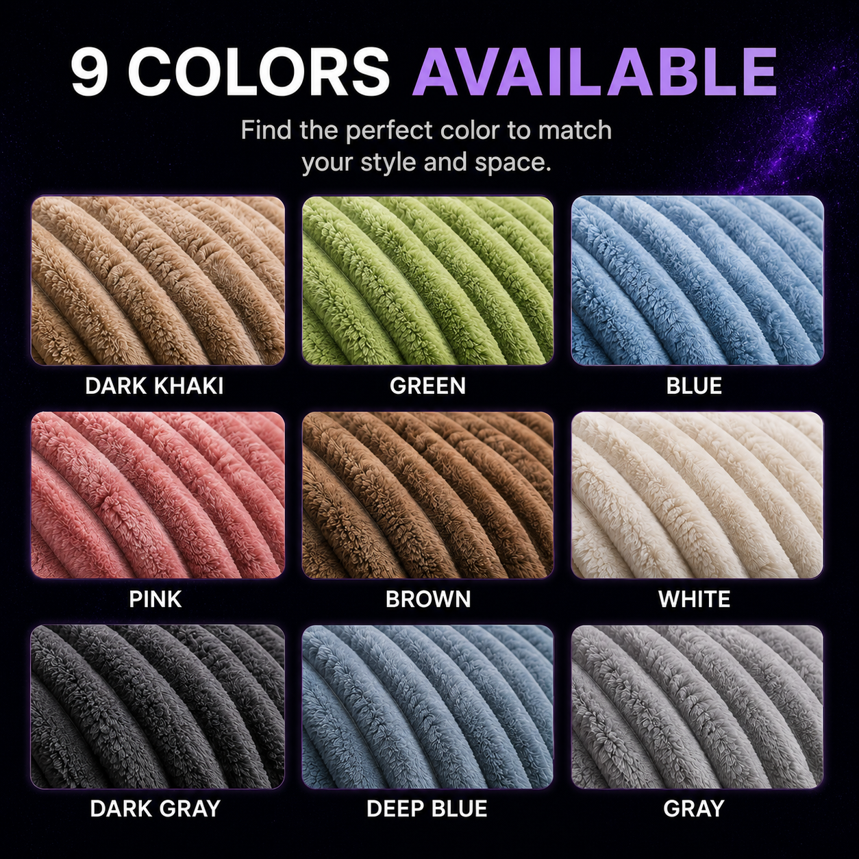 A promotional graphic showing nine fabric color options for a ribbed plush blanket or cushion cover, labeled Dark Khaki, Green, Blue, Pink, Brown, White, Dark Gray, Deep Blue, and Gray, with the headline '9 COLORS AVAILABLE' on a dark background.