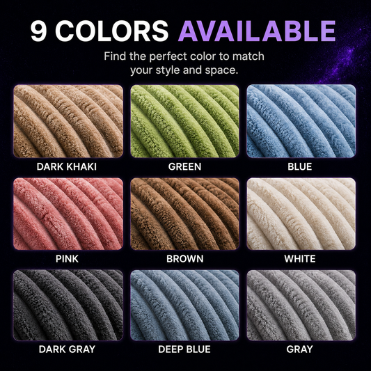 A promotional graphic showing nine fabric color options for a ribbed plush blanket or cushion cover, labeled Dark Khaki, Green, Blue, Pink, Brown, White, Dark Gray, Deep Blue, and Gray, with the headline '9 COLORS AVAILABLE' on a dark background.