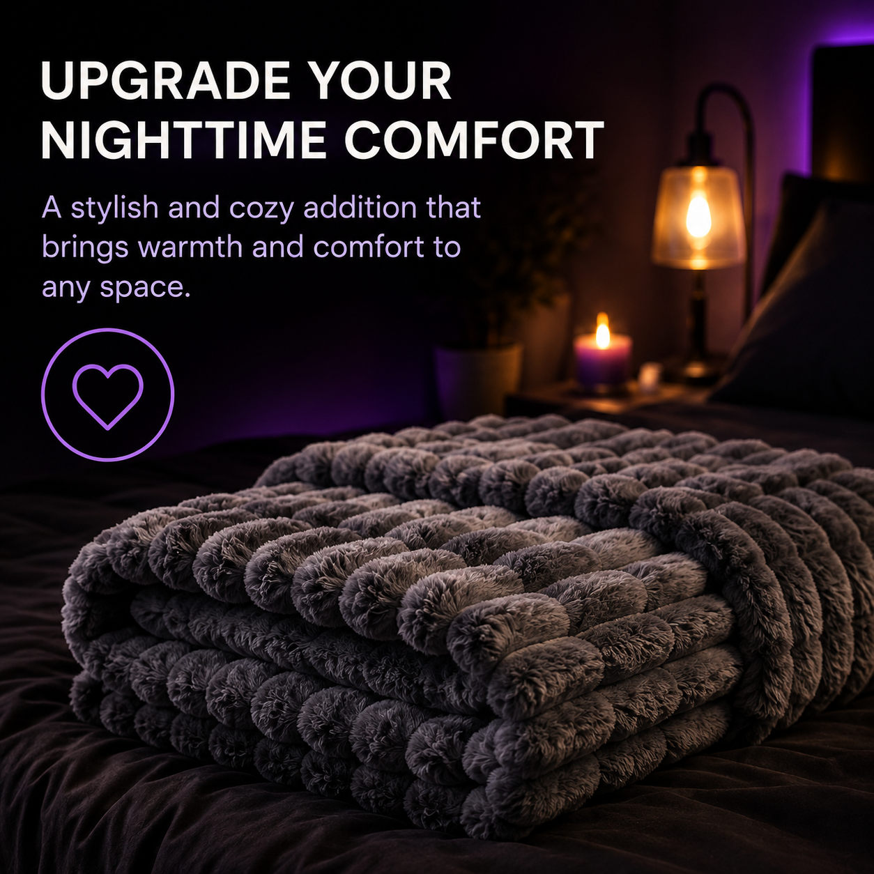 A dark gray chunky textured blanket is folded on a bed in a dimly lit bedroom scene with a bedside lamp and candle, accompanied by promotional text about upgrading nighttime comfort.