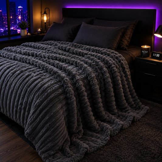 A dark gray chunky ribbed faux fur blanket is draped over a bed in a modern bedroom setting with a black headboard, matching dark pillows, bedside tables, and ambient purple and warm lighting.