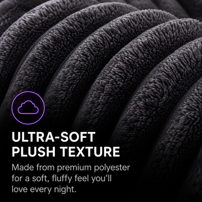 Close-up of dark charcoal plush fleece fabric with text reading 'ULTRA-SOFT PLUSH TEXTURE' and a small purple cloud icon, describing premium polyester softness.