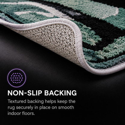 Close-up of a patterned area rug with one corner folded over to show the textured non-slip backing, set against a dark floor with promotional text reading 'NON-SLIP BACKING'.