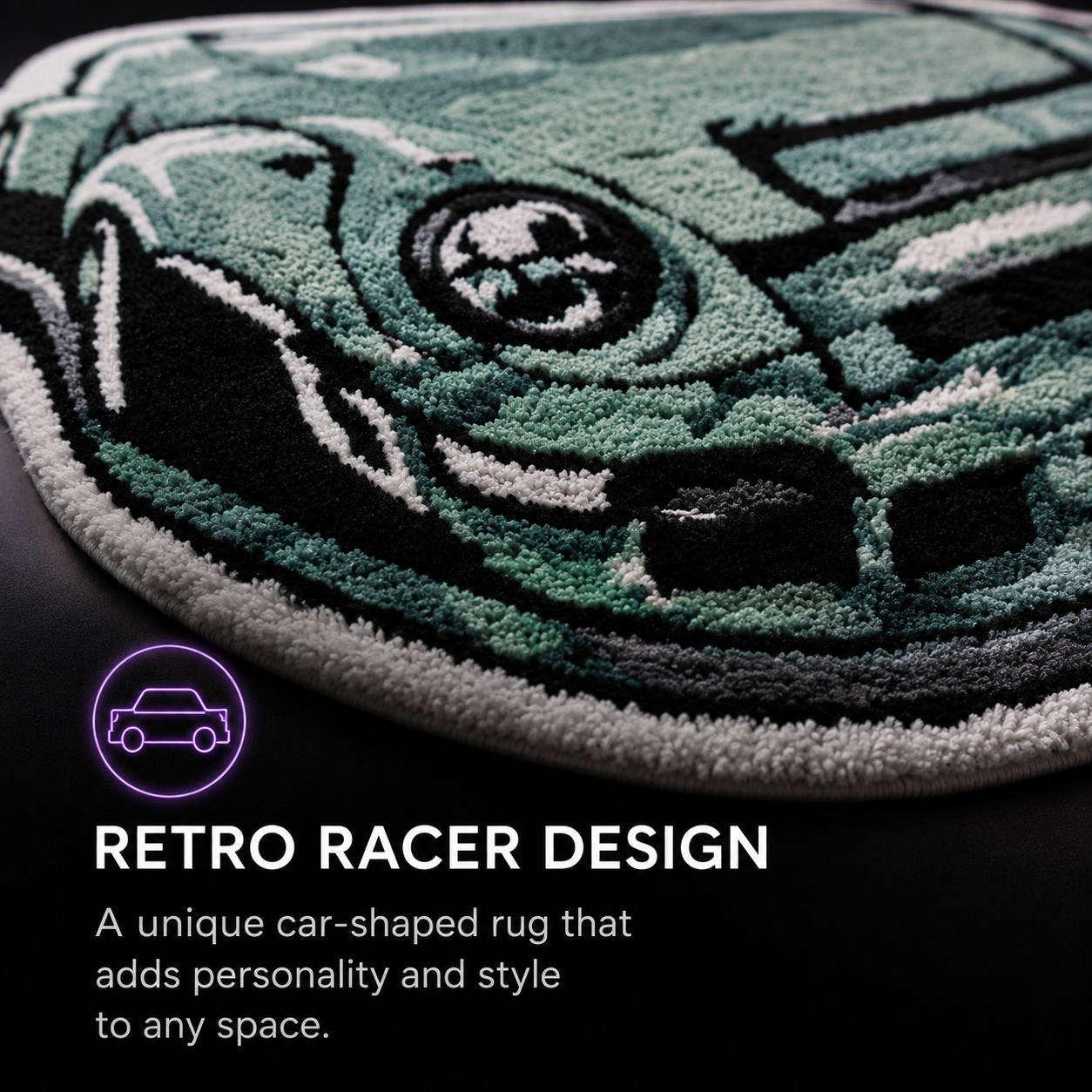 Close-up of a car-shaped rug with a textured tufted design in shades of green, black, and white, with promotional text reading 'RETRO RACER DESIGN' on a dark background.