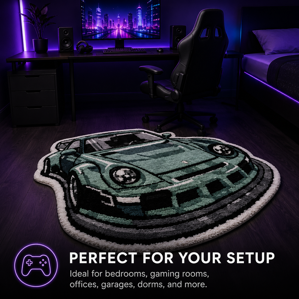 A plush round rug shaped like a green sports car, shown in a dark gaming room setup. The rug features a detailed car design with a white border.