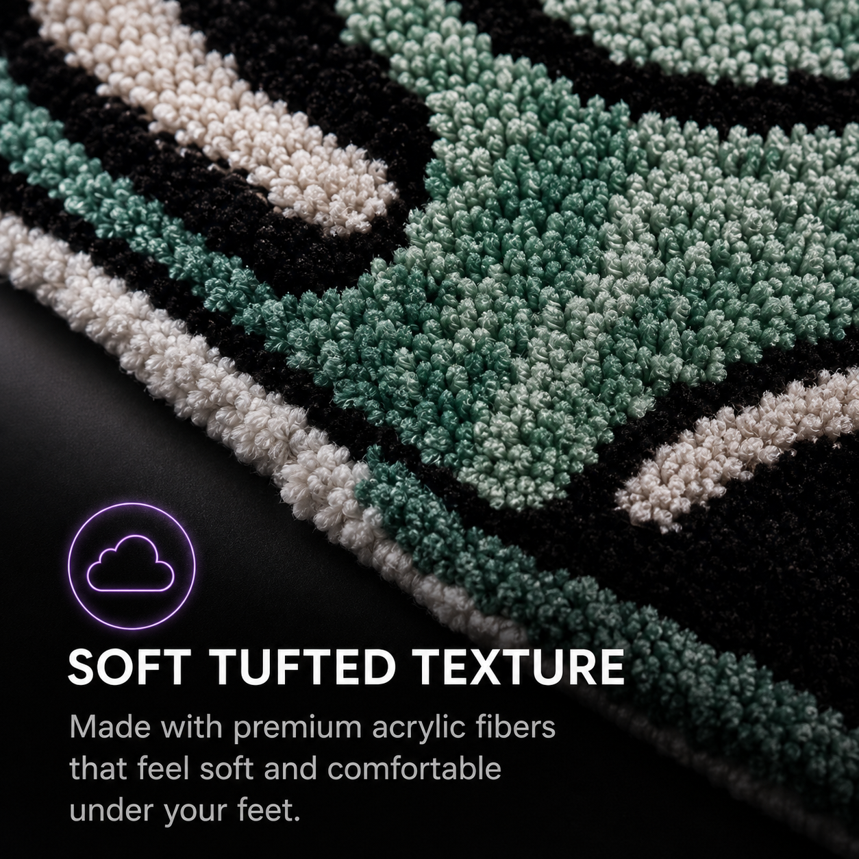 Close-up of a patterned tufted rug with green, cream, and black textured fibers, with text reading 'SOFT TUFTED TEXTURE' and a cloud icon on a dark background.