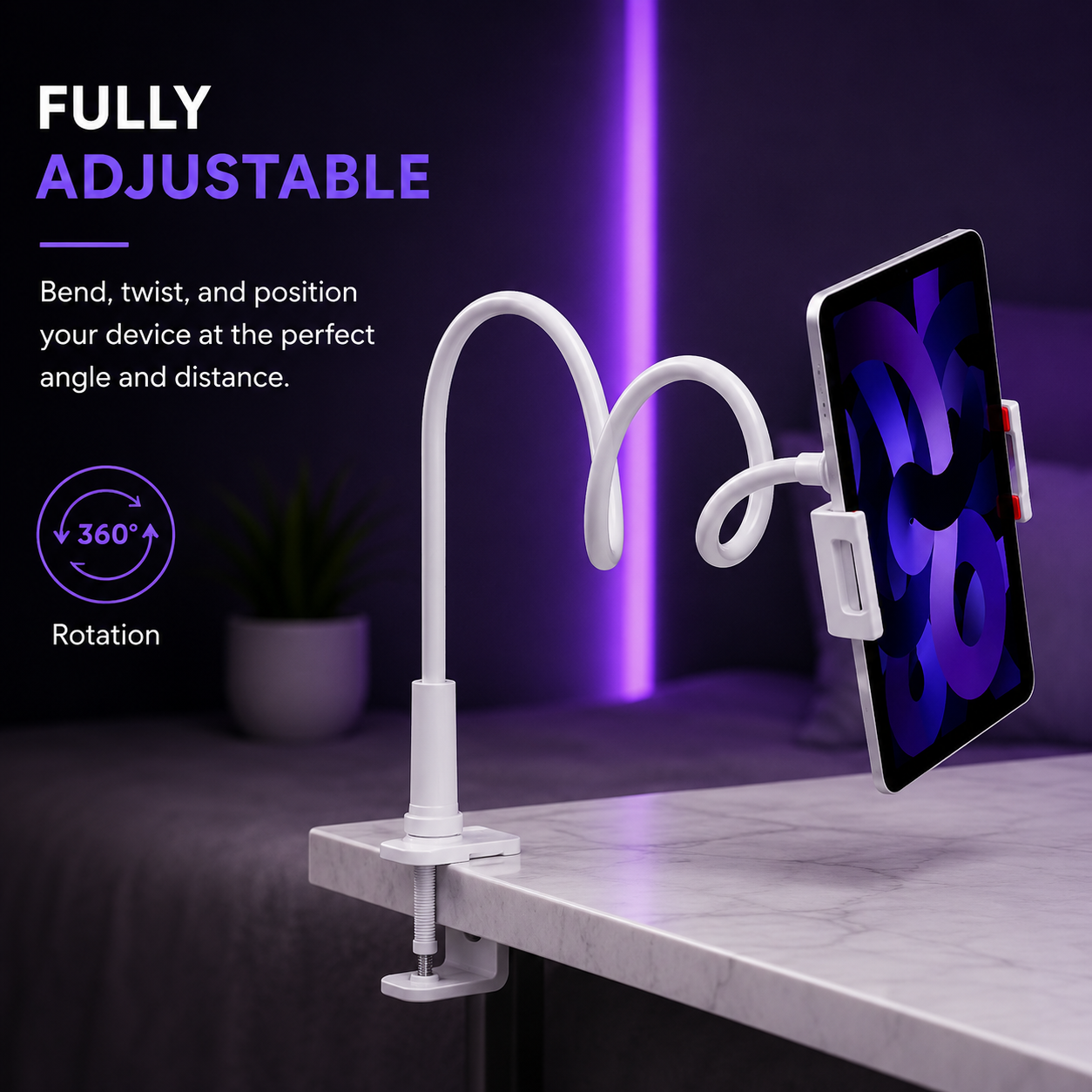 White flexible desk clamp stand holding a smartphone, shown on a tabletop with promotional text about adjustable angle and rotation in a purple-lit room setting.
