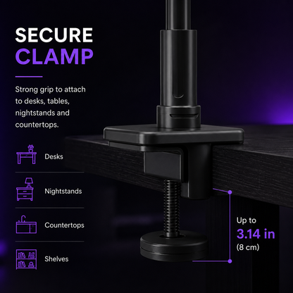 Black adjustable desk clamp with a screw base, shown attached to a dark tabletop. Text on the left says 'SECURE CLAMP' and lists desks, nightstands, countertops, and shelves.