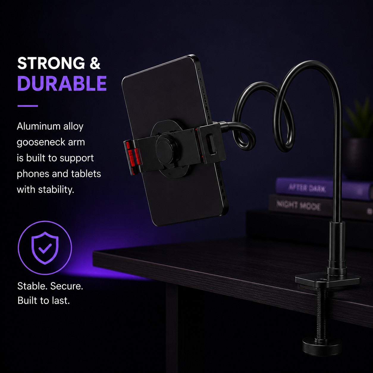 Black aluminum gooseneck phone mount with a clamp base, shown holding a smartphone on a dark desk with promotional text and background decor.