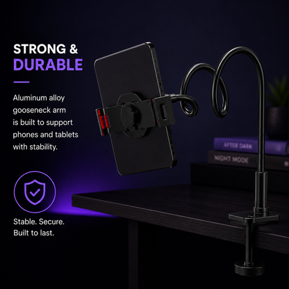 Black aluminum gooseneck phone mount with a clamp base, shown holding a smartphone on a dark desk with promotional text and background decor.