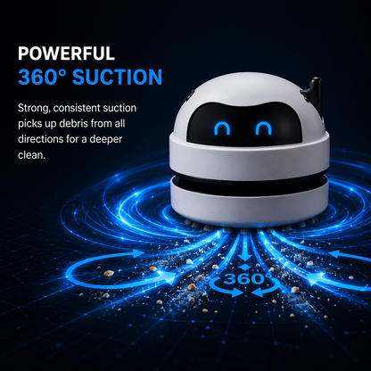 A white and black robotic vacuum cleaner with glowing blue eyes, shown on a dark background with blue suction-effect graphics and text reading 'POWERFUL 360° SUCTION.' This is not a plain product-only studio shot because the scene includes promotional text and illustrative effect graphics, but it is still primarily showing the product itself rather than instructions or a chart, so Product/Packaging fits best.