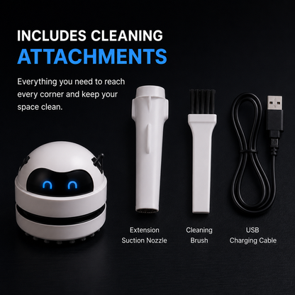 A white robot vacuum cleaner shown with three cleaning attachments and a USB charging cable on a dark background, with text reading 'INCLUDES CLEANING ATTACHMENTS' and labels for the extension suction nozzle, cleaning brush, and USB charging cable.