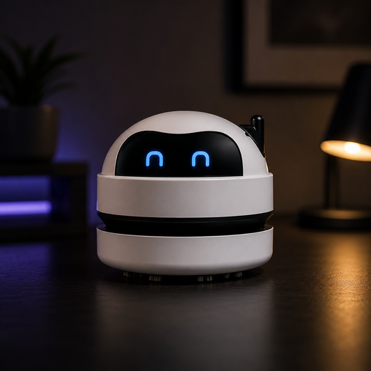 A small white robot handheld vacuum with a rounded dome head, black banding, and glowing blue eyes, standing on a dark tabletop in a dimly lit room with a lamp and plant in the background.