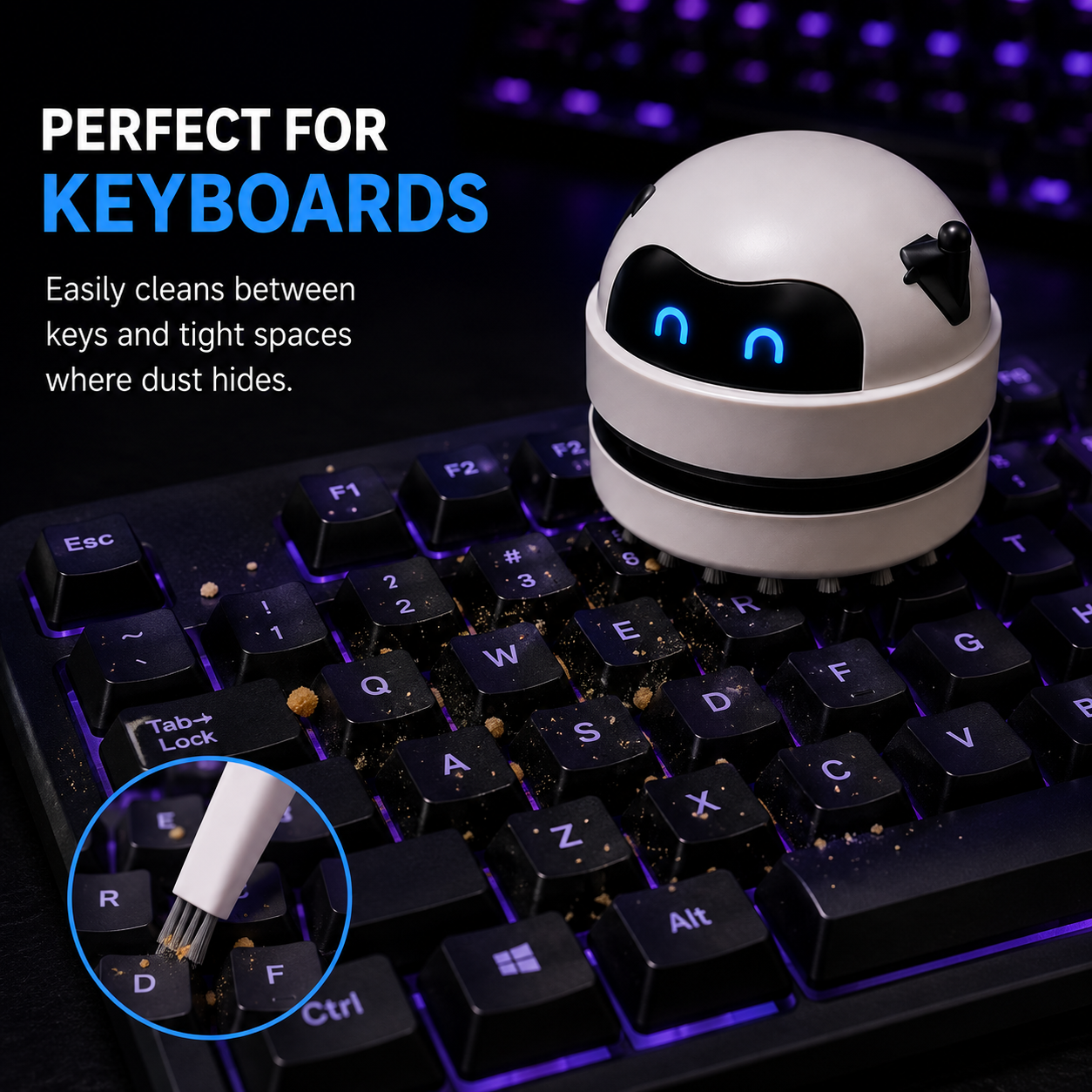 A small white robot-shaped keyboard cleaner sits on a black backlit keyboard, with text reading 'PERFECT FOR KEYBOARDS' and a circular inset showing the cleaning brush in close-up.