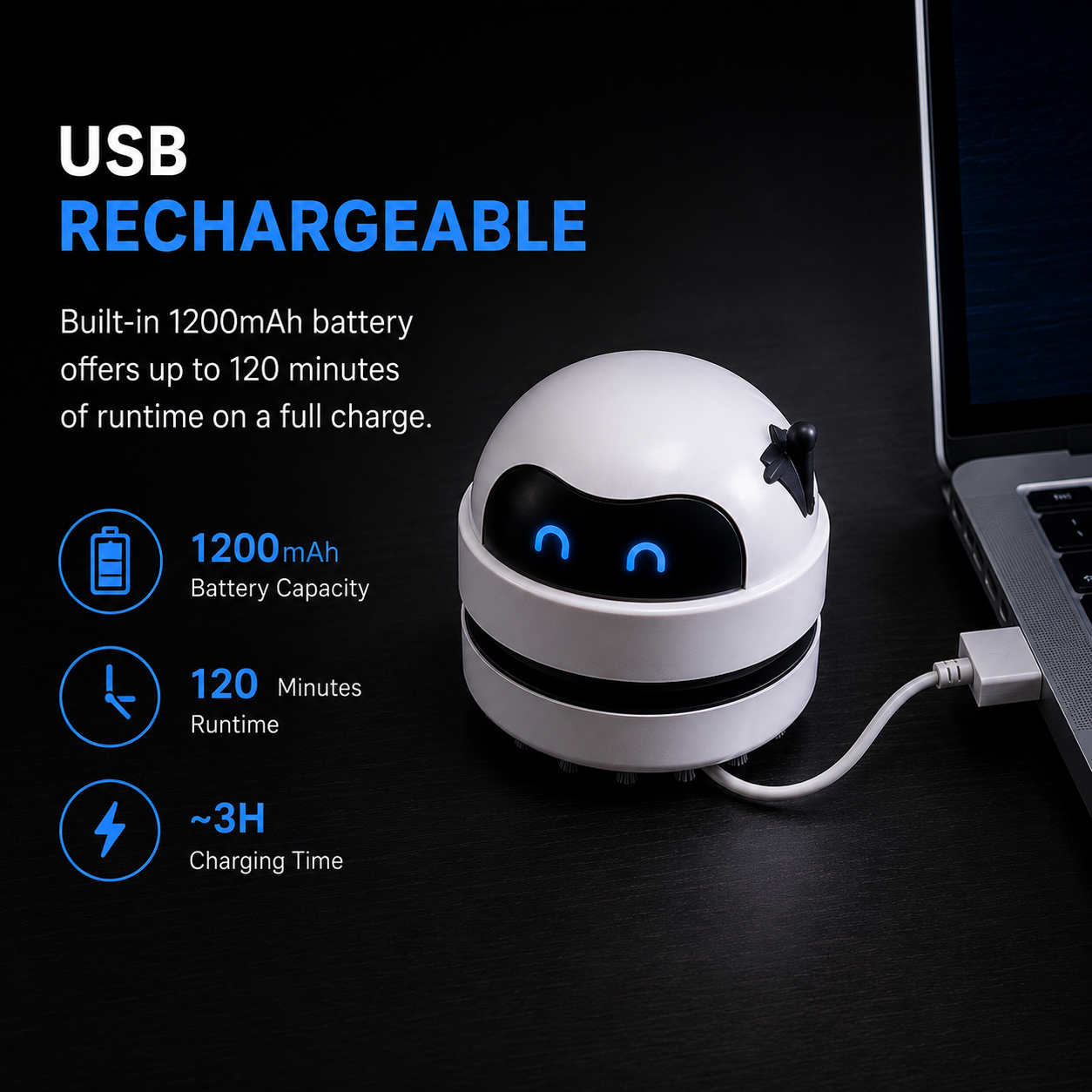 A small white robot charging dock with glowing blue eyes plugged into a laptop on a dark desk. Text on the left highlights USB rechargeability, 1200mAh battery capacity, 120 minutes runtime, and ~3H charging time.