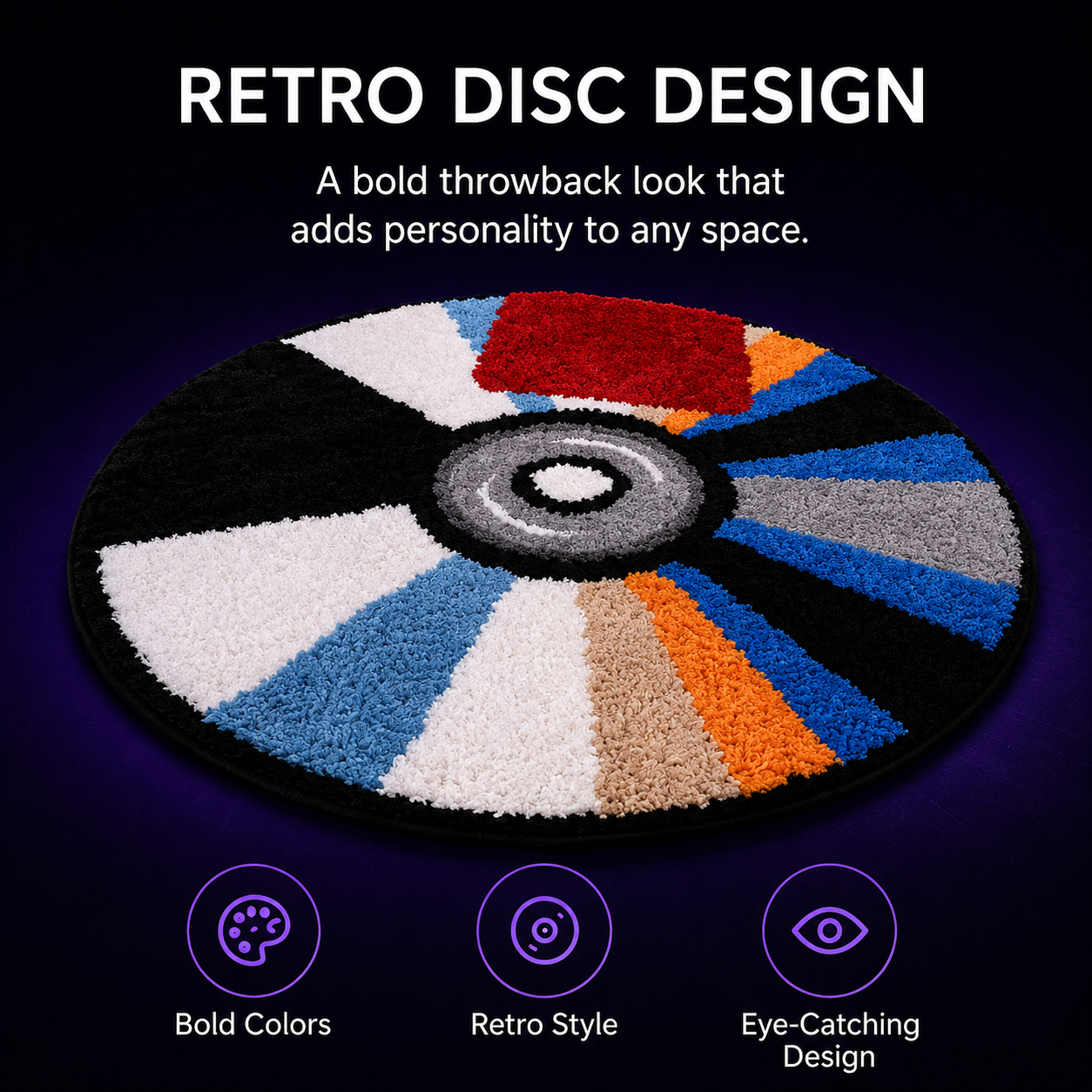 A round shag rug with a retro disc design, featuring alternating colored segments in black, white, light blue, beige, orange, gray, and red. The image includes promotional text at the top and three feature icons at the bottom on a dark purple background.