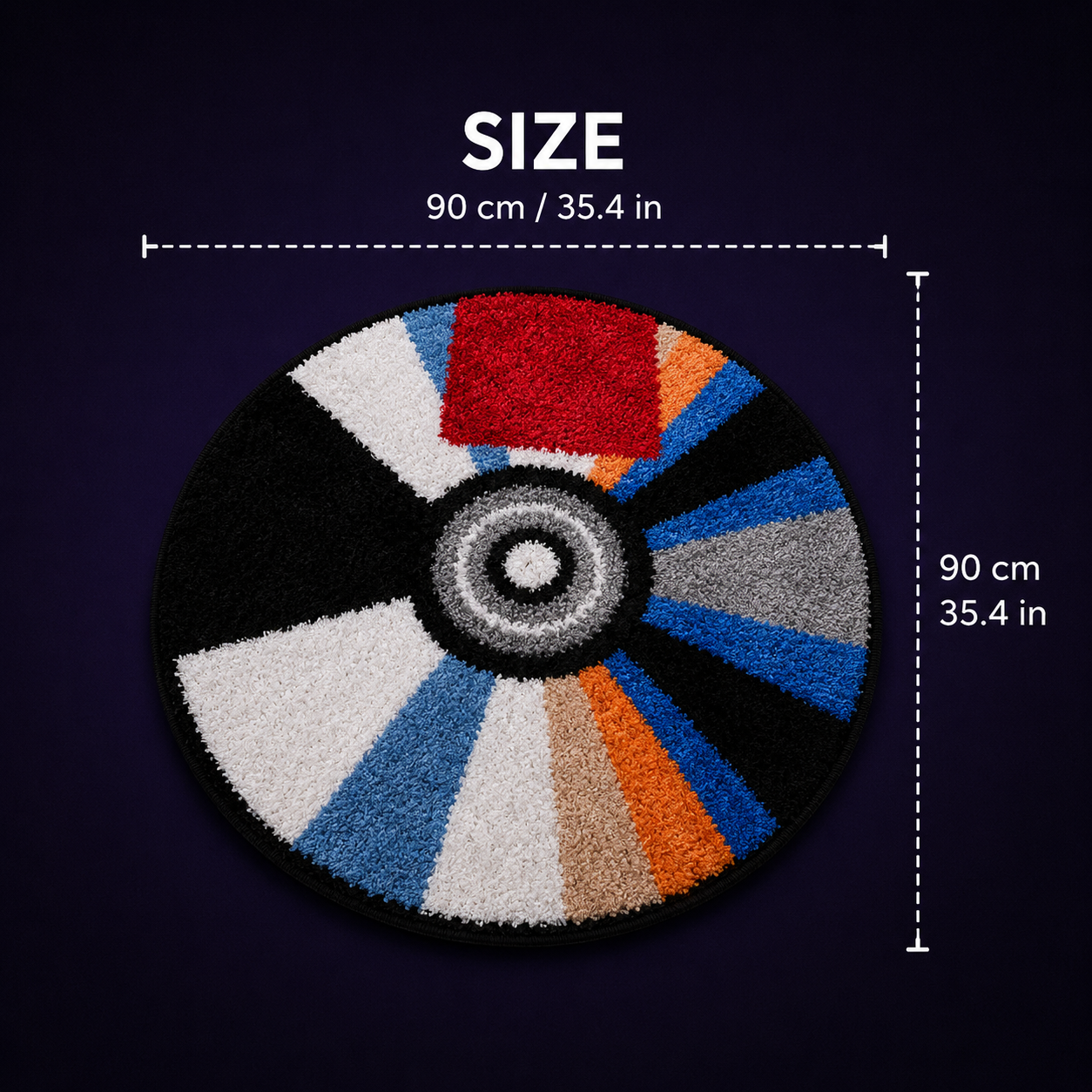 A round tufted rug shown on a dark navy background with overlaid size annotations reading 90 cm / 35.4 in across both width and height.