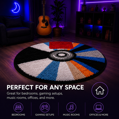 A round shag rug with a colorful radial design, displayed in a dark gaming room. The rug features segments of black, white, gray, red, blue, orange, and purple around a central black and gray spiral.