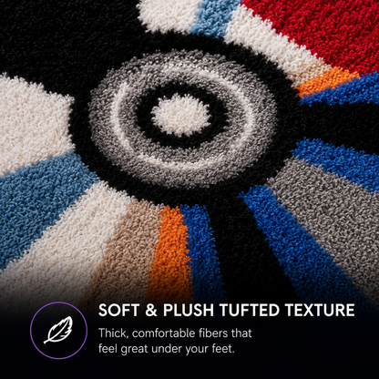 Close-up of a colorful tufted rug with concentric circular and radial patterns in black, white, gray, red, blue, orange, and beige, with text reading 'SOFT & PLUSH TUFTED TEXTURE' and a feather icon on a dark background.