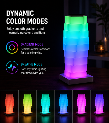 A glowing stack-of-cubes table lamp on a dark tabletop, with large text reading 'DYNAMIC COLOR MODES' and smaller callouts for gradient and breathe modes. Six smaller thumbnails along the bottom show the lamp in different colorways.
