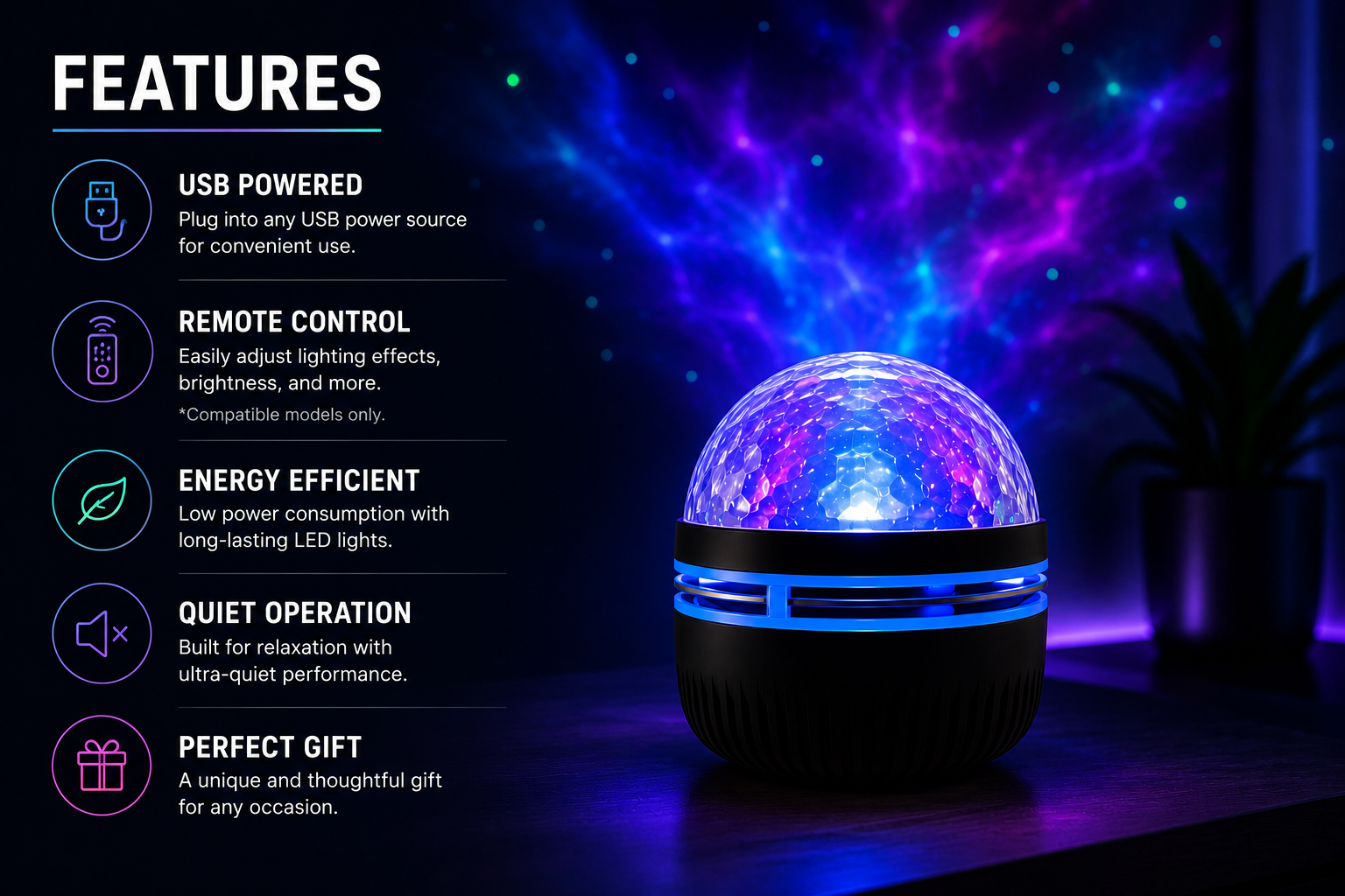 A USB-powered LED star projector lamp with a black base and a glowing multicolor dome, shown on a dark surface with a starry night sky background. The left side features a 'FEATURES' list with icons and text for USB powered, remote control, energy efficient, quiet operation, and perfect gift.
