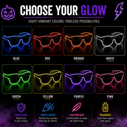 A promotional chart showing glow-in-the-dark sunglasses in eight different colors: blue, red, orange, white, green, yellow, purple, and pink. The top text reads 'CHOOSE YOUR GLOW' with 'EIGHT VIBRANT COLORS.