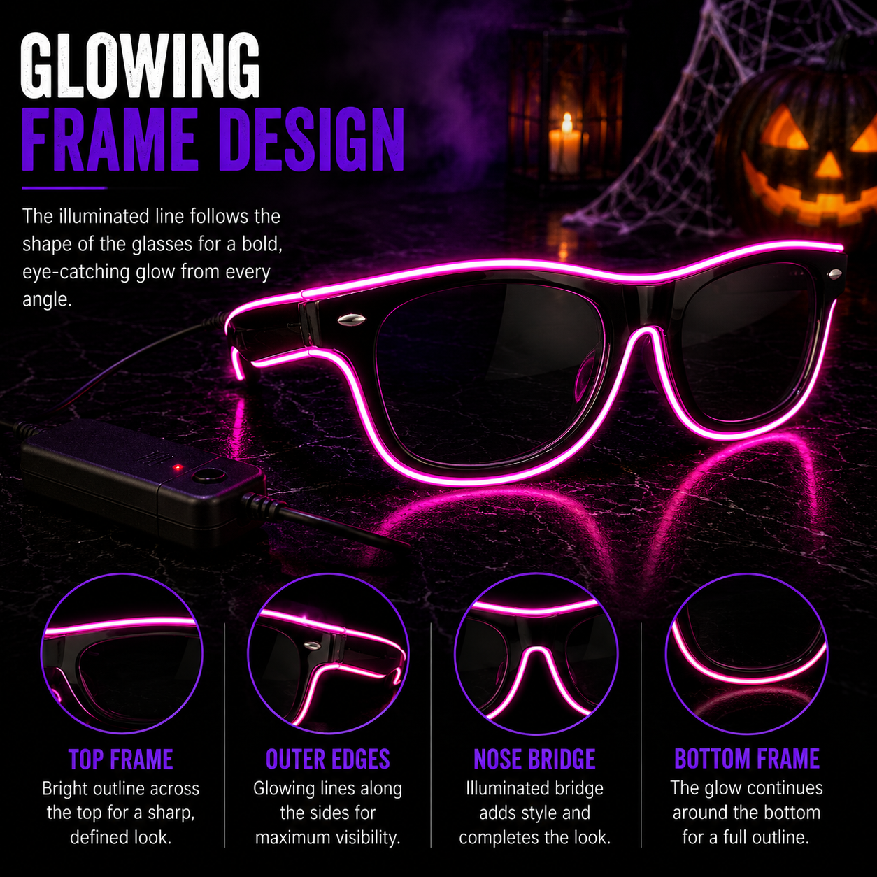 Glowing frame design eyeglasses with bright pink LED neon tubing outlining the lenses and frame, shown on a dark reflective surface with Halloween-themed background elements and four circular detail callouts explaining the top frame, outer edges, nose bridge, and bottom frame illumination.