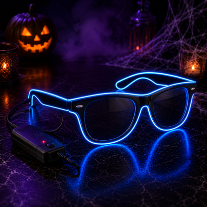 Black novelty sunglasses with glowing blue LED light trim, shown on a dark reflective surface with a control box attached. The background features a Halloween theme with a lit jack-o'-lantern, purple mist, and spiderwebs.