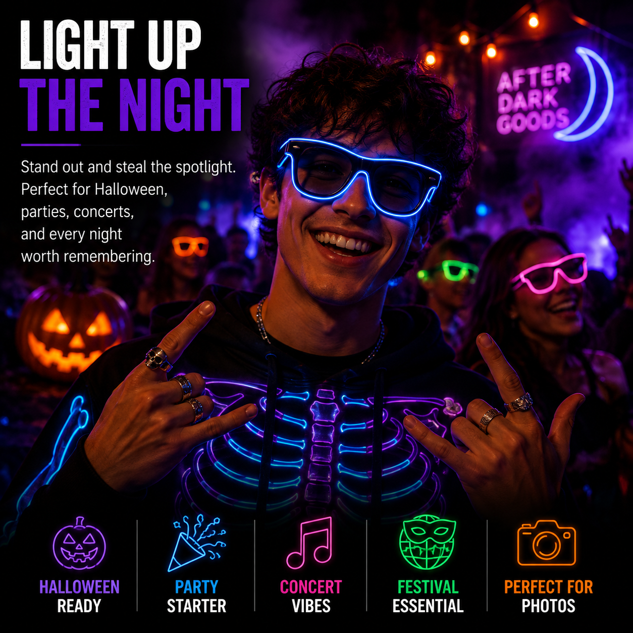A smiling person in a dark room wearing glowing neon accessories, including a rib-cage necklace, a blue LED eye mask, and pink neon glasses, with festive party decorations in the background. Text on the left reads 'LIGHT UP THE NIGHT' and includes feature callouts along the bottom.