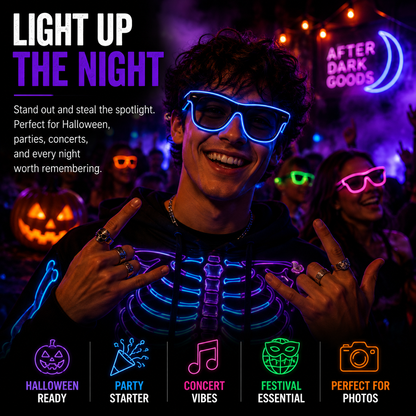 A smiling person in a dark room wearing glowing neon accessories, including a rib-cage necklace, a blue LED eye mask, and pink neon glasses, with festive party decorations in the background. Text on the left reads 'LIGHT UP THE NIGHT' and includes feature callouts along the bottom.