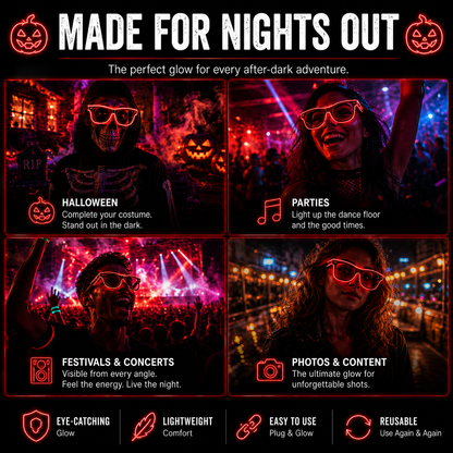 A promotional graphic for glow-in-the-dark sunglasses with the headline 'MADE FOR NIGHTS OUT' and four lifestyle panels showing people wearing them at Halloween, parties, festivals, and photos. The text highlights features like eye-catching glow, lightweight design, easy plug-and-charge use, and reusability.