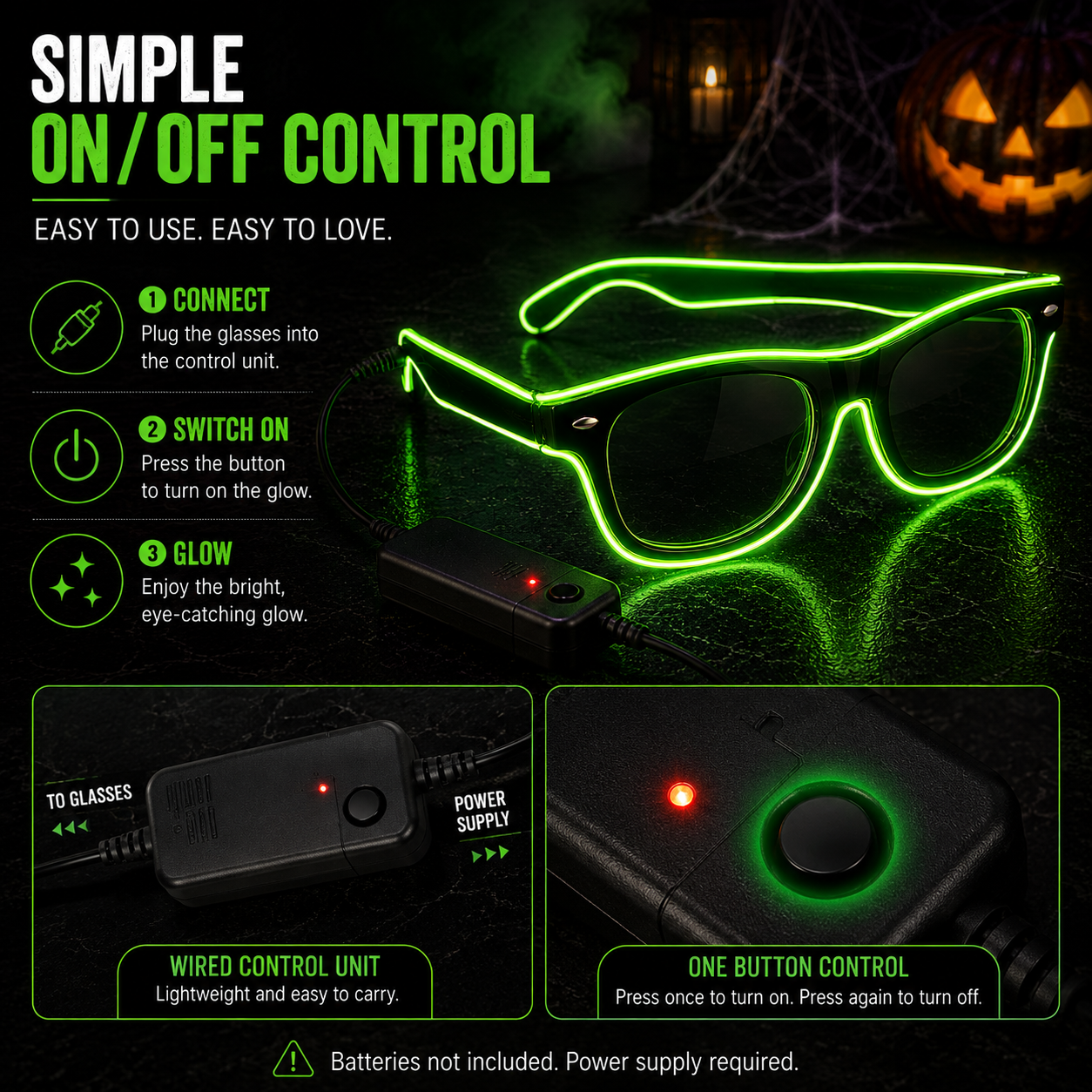 A promotional graphic for glow-in-the-dark novelty glasses with an included wired control unit and one-button power supply. The image includes text callouts explaining how to connect, switch on, and glow, plus two inset demonstration panels showing the wired unit and the one-button control.