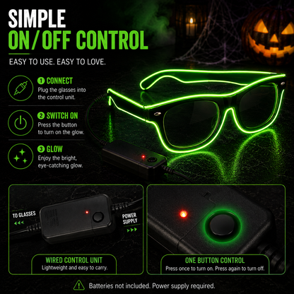 A promotional graphic for glow-in-the-dark novelty glasses with an included wired control unit and one-button power supply. The image includes text callouts explaining how to connect, switch on, and glow, plus two inset demonstration panels showing the wired unit and the one-button control.