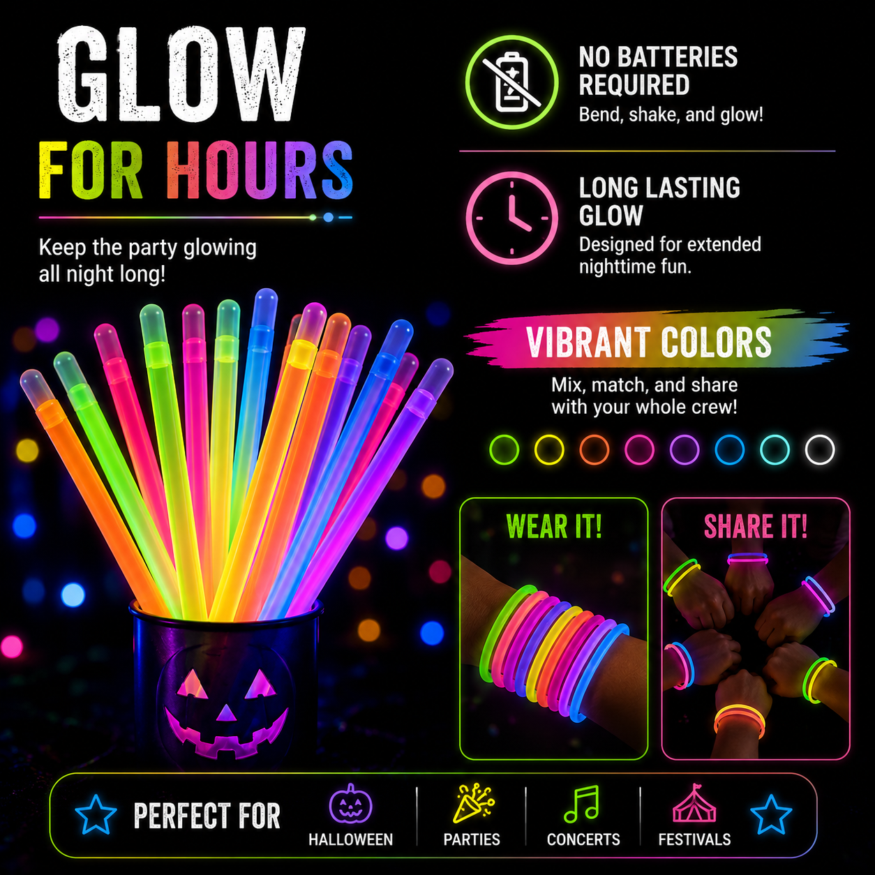 Glowing neon party sticks in a black cup with a jack-o'-lantern design, shown on a dark background with promotional text and inset photos demonstrating the product in use.