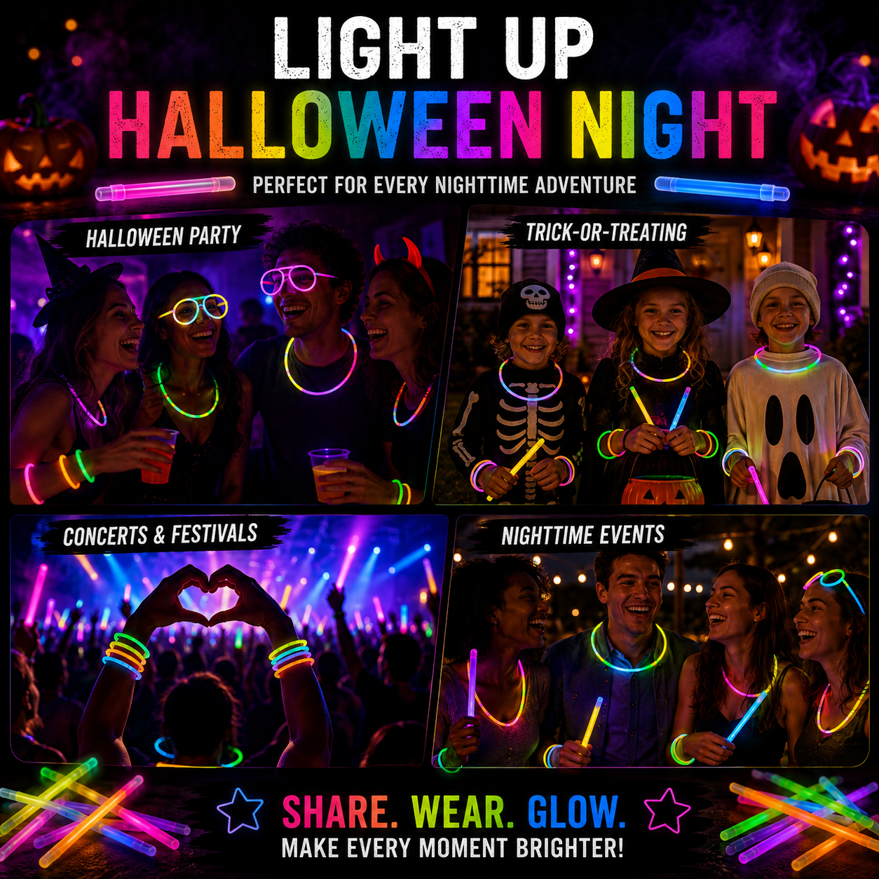 Promotional graphic for glow-in-the-dark Halloween accessories, featuring four panels of people wearing neon necklaces, bracelets, and face masks during Halloween parties, concerts, and trick-or-treating. The top displays the text 'LIGHT UP HALLOWEEN NIGHT' in large, colorful letters, with glowing stick lights scattered at the bottom.