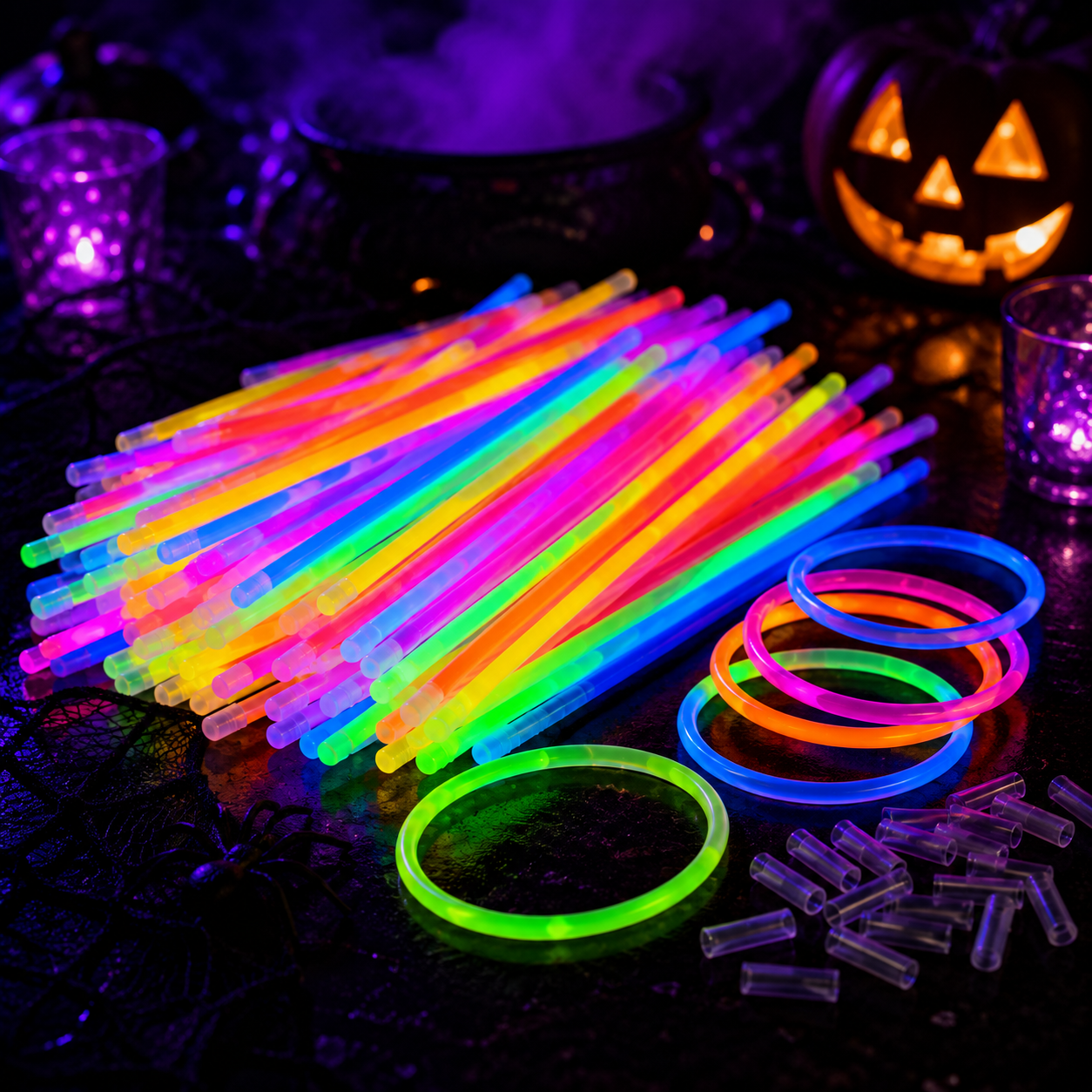 A set of glowing neon party accessories on a dark Halloween-themed surface, including a large bundle of rainbow stick straws, several glowing bracelets, clear plastic tube pieces, and a jack-o'-lantern in the background.
