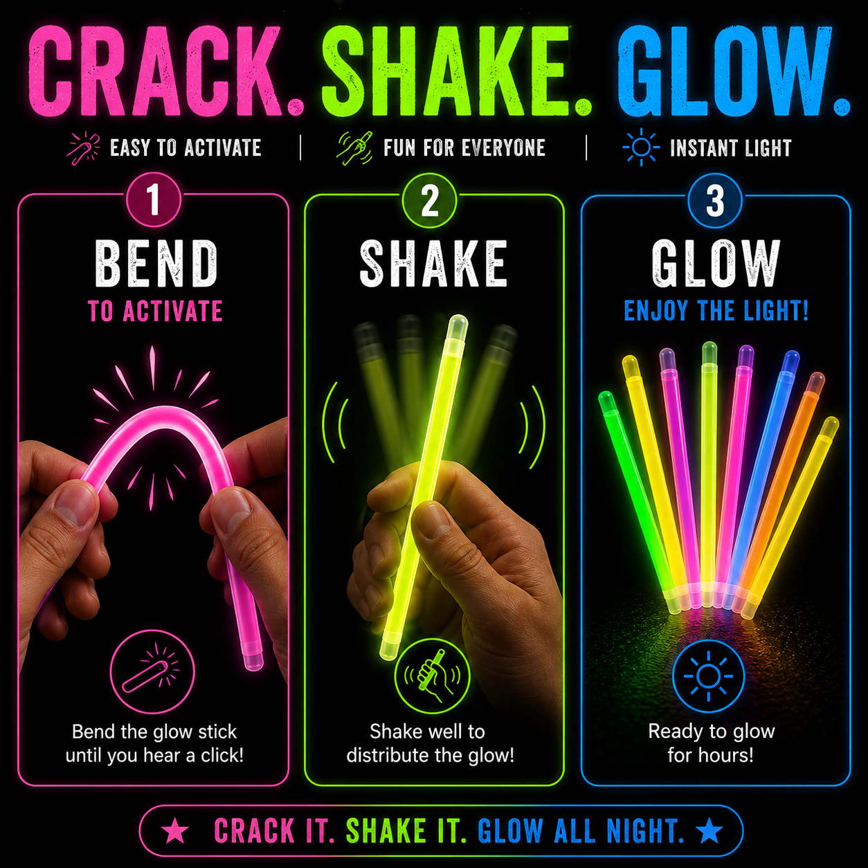 Three-panel product demonstration graphic for glow sticks on a black background. Step 1 shows hands bending a pink glow stick to activate it.