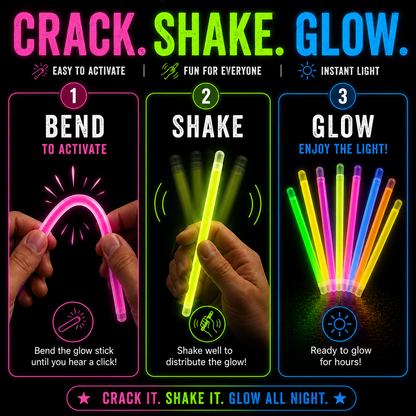 Three-panel product demonstration graphic for glow sticks on a black background. Step 1 shows hands bending a pink glow stick to activate it.