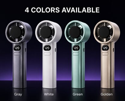 Four handheld fan products shown side by side on a dark studio background with the text '4 COLORS AVAILABLE' at the top. The fans are labeled Gray, White, Green, and Golden, with each fan displaying a small digital screen and a circular fan head.
