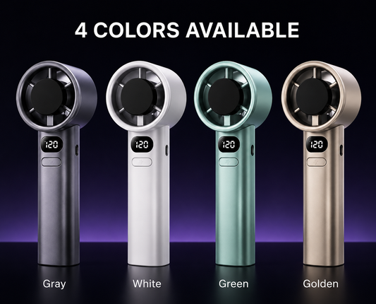 Four handheld fan products shown side by side on a dark studio background with the text '4 COLORS AVAILABLE' at the top. The fans are labeled Gray, White, Green, and Golden, with each fan displaying a small digital screen and a circular fan head.