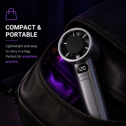 A compact handheld fan with a digital display, shown inside an open black zippered bag. Text on the left reads 'COMPACT & PORTABLE' with additional descriptive copy about lightweight portability.