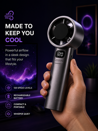 A hand holding a compact, dark gray handheld fan with a digital display showing 120. The background is a dark, stylized room with purple glowing accents and text highlighting features like 'MADE TO KEEP YOU COOL', '120 SPEED LEVELS', and 'RECHARGEABLE BATTERY'.