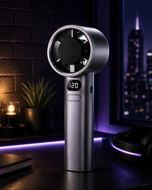 A sleek, metallic silver handheld fan with a digital display showing '120' stands on a dark desk. The background is a dimly lit room with a dark brick wall, a glowing candle, a small potted plant, and a window showing a city skyline at night.
