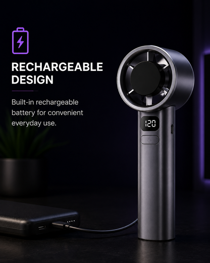 A handheld rechargeable electric fan with a digital display showing 120 on a dark surface, connected to a charging cable and next to a power bank. The image includes promotional text highlighting its rechargeable design.
