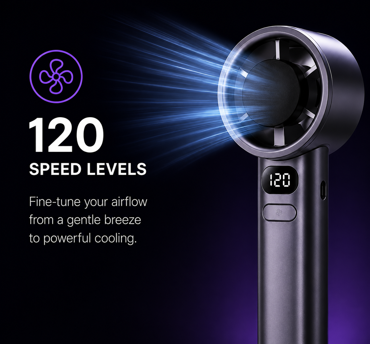 A handheld fan shown on a dark promotional background with text reading '120 SPEED LEVELS' and descriptive copy. The fan is dark gray/black with a small digital display showing '120' and a power button.