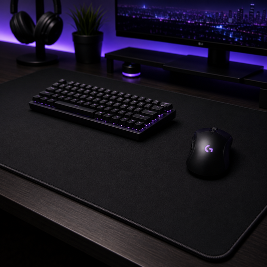A black gaming desk mat on a dark wood desk, featuring a black mechanical keyboard and a black gaming mouse with purple RGB lighting and a visible Logitech logo.