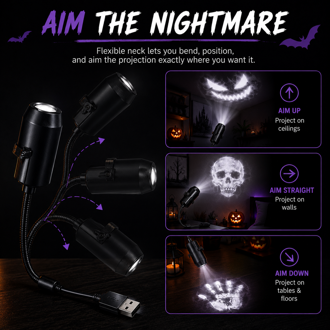 A black USB-powered multi-angle projector with a flexible neck and three adjustable heads, shown with promotional text and example projection images on a dark background.