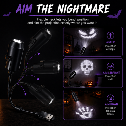 A black USB-powered multi-angle projector with a flexible neck and three adjustable heads, shown with promotional text and example projection images on a dark background.