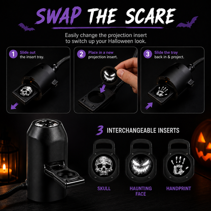A Halloween projection light set with a black cylindrical projector and three interchangeable inserts: a skull, a haunted face, and a handprint. The image includes step-by-step instructions on how to swap the scare inserts and shows the inserts displayed on a dark background with candles and a jack-o'-lantern.