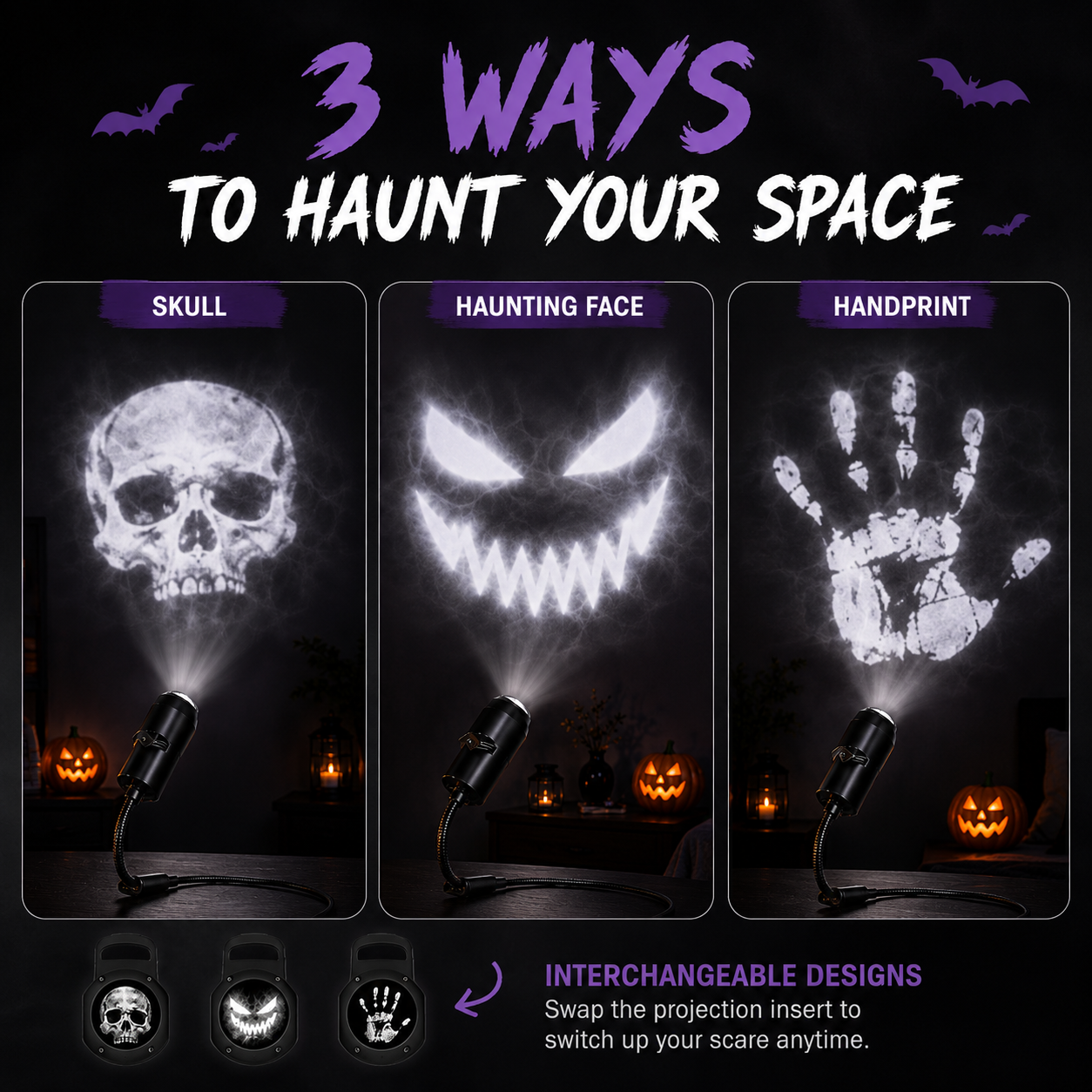 Promotional graphic for a Halloween light projector showing three projection modes: skull, haunting face, and handprint. The image features three vertical panels with black projector lamps casting glowing white ghostly designs onto a dark background with pumpkins.